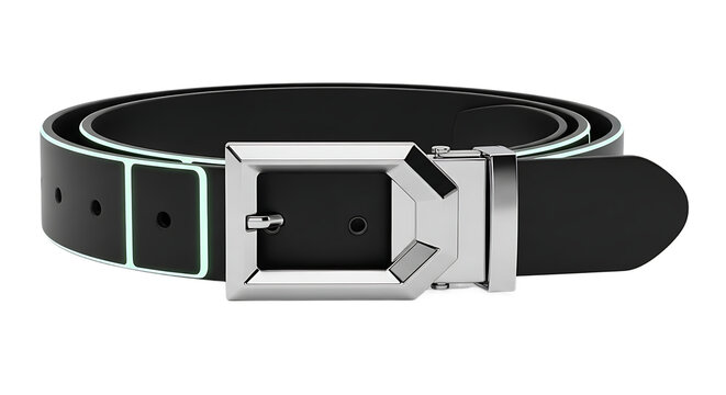 A black leather belt with a silver buckle is displayed on a white background.