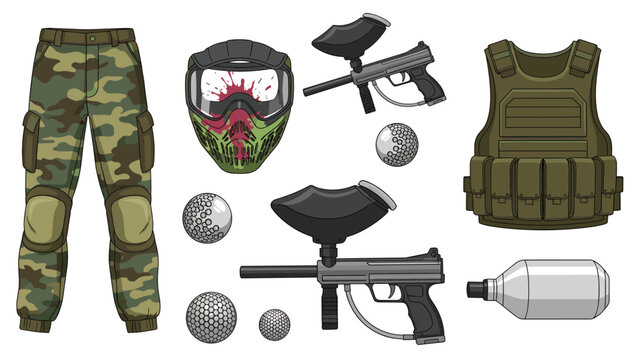 Set of professional paintball equipment including camouflage pants, a protective mask with splats, guns, a tactical vest, and paintballs.