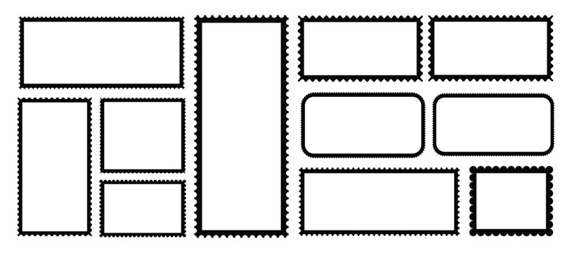 A collection of rectangle frames with wavy edges.Postage stamp set.Post stamp frame and borders.Trendy zigzag curved geometric frames for decorative design,stamps,stickers,price tag,badge,photo,frame.