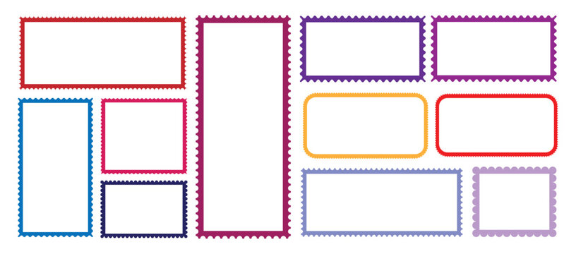 Postage stamp set. Rectangle frame with zigzag edges. Mockup postage stamps. Post stamp frame and borders. Vector zigzag objects for badge, sticker, photo, frame. Vector illustration.