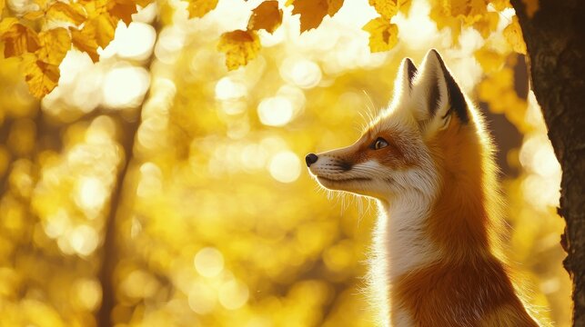 Radiant Red Fox in Golden Autumn Forest, Sun-Kissed Fur and Whiskers