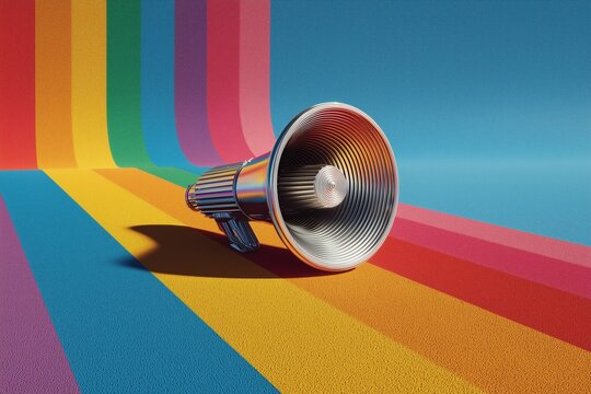 Rainbow Megaphone: A chrome megaphone stands prominently against a vibrant rainbow backdrop, a visual metaphor for communication, announcement and diversity. 