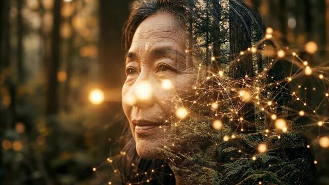 A contemplative portrait of a woman merges with a network of connections and a forest, symbolizing the intricate relationship between the inner self, nature, and the power of thought.