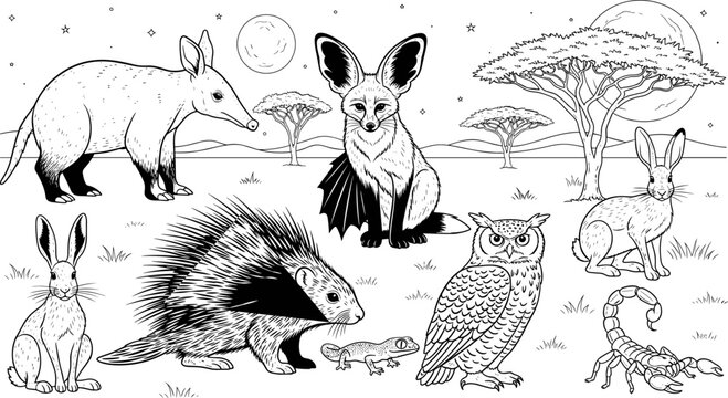 Desert Wildlife Scene with Aardvark, Fennec Fox, Owl, Scorpion, and More in a Moonlit Landscape