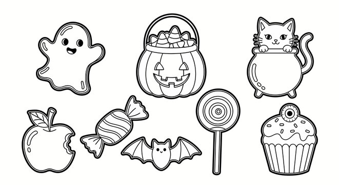 halloween candy icons set with ghost, pumpkin, cat, apple, lollipop, cupcake for kids party decoration