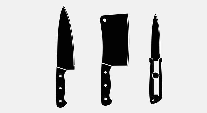 Three distinct black silhouette knife icons, including a chef's knife, a meat cleaver, and a folding utility knife, displayed on a light gray background.