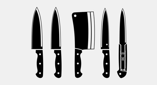 A collection of five black silhouette kitchen knives, including chef's knives, a cleaver, and a utility knife, against a light background.