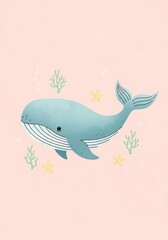 Fototapeta premium Cute blue whale swims gracefully surrounded by small sea stars and coral on a light pastel background.