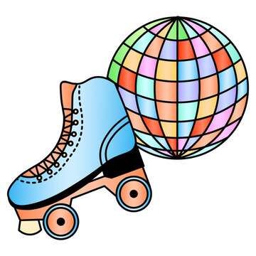 Cute Kawaii Colorful Disco Ball with Roller Skate Retro Party Cartoon Illustration