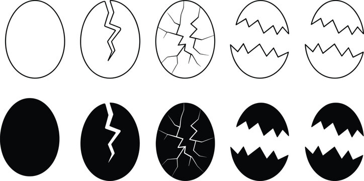 Broken egg icon set featuring black silhouettes and thin line outlines of cracked eggshells for hatching concepts and minimalist graphic design  vector