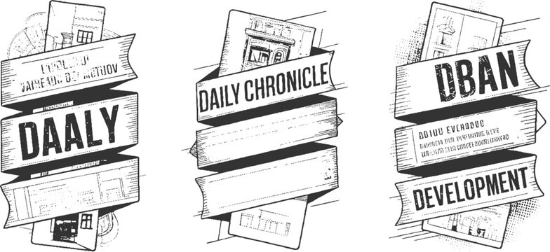 Three vintage banners with architectural and bold text labels d a l y d a i l y c h r o n i c l e and d e v e l o p m e n t