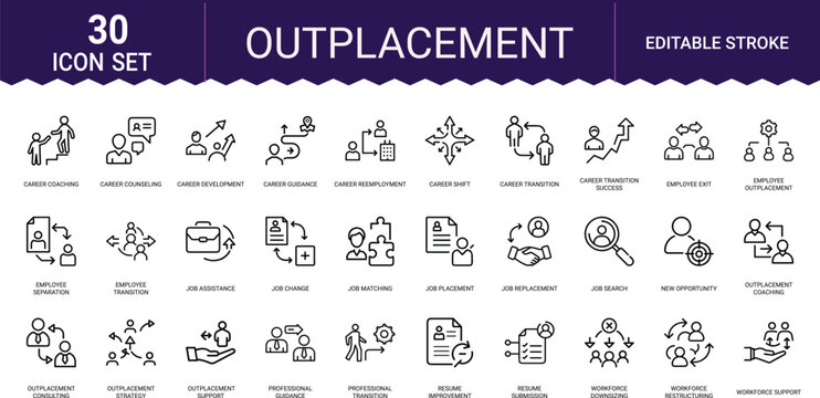 Outplacement career services icons set for job transition and workforce support