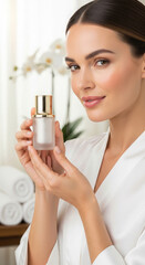 Fototapeta premium Luxury cosmetic mockup beautiful woman presenting elegant skincare product for branding advertising campaigns