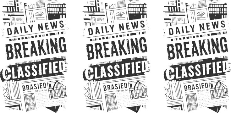Three black and white newspaper pages with headlines d a i l y n e w s b r e a k i n g c l a s i f i e d and b r a s i e d