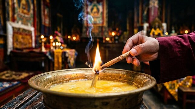 Butter lamp lighting close up in Tibetan temple. Butter lamp brass bowl contains liquid ghee and rising smoke. Monk hand holds flame in sacred sanctuary interior.