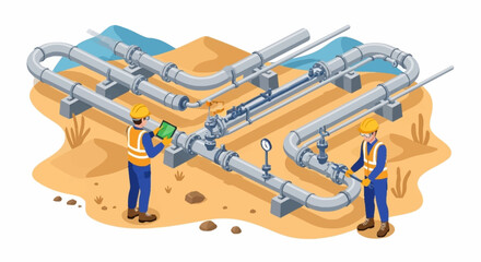 Naklejka premium Industrial pipeline system with workers inspecting equipment.