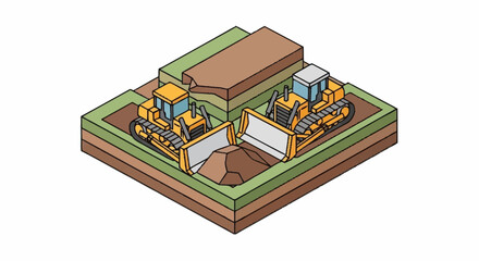 Two yellow bulldozers working on a construction site isometric view. © PRASETIA
