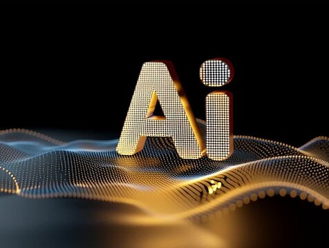Golden ai logo standing on a digital wavy surface