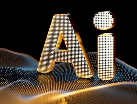 Golden ai logo standing on a digital wavy surface