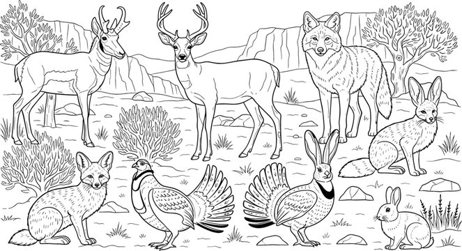 North American Desert Wildlife Scene with Deer, Coyote, Fox, Jackrabbit, and Quail in Black and White Line Art