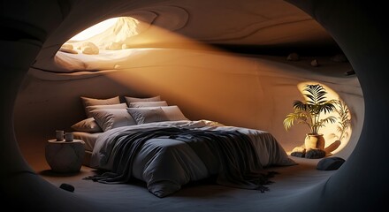 Obraz premium Cozy bedroom interior with warm lighting.