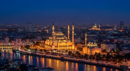 Fototapeta premium Edirnes Selimiye Mosque at Night - A Stunning Architectural Masterpiece.
