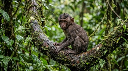 Fototapeta premium Juvenile macaque monkey sitting on mossy branch wildlife close up primate portrait