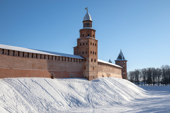 View on the Kokui Tower and the walls of the ancient Kremlin. Veliky Novgorod. Russia