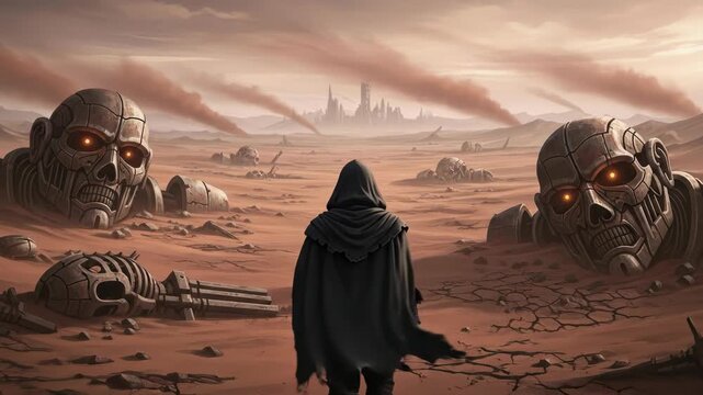 A lone hooded figure looks out over a dystopian wasteland filled with giant robot ruins.