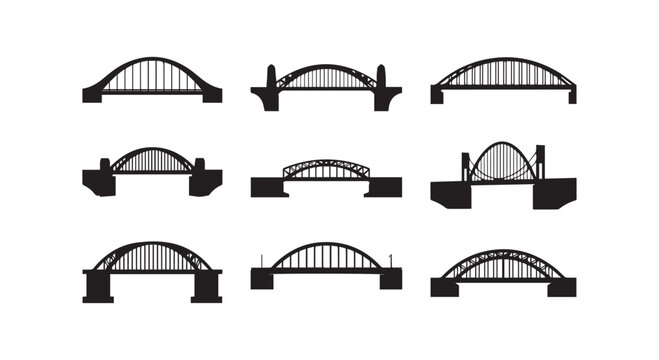 Arched bridge silhouette set with various architectural designs and engineering structures for transportation and city travel.