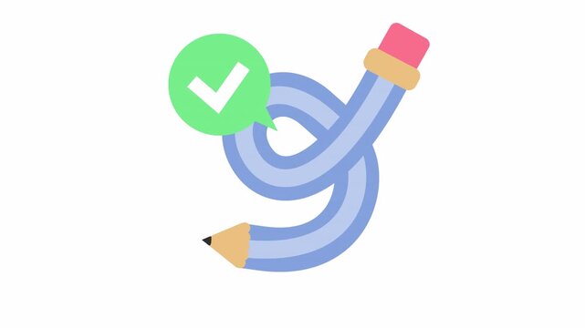 Approved checkmark on flexible blue pencil icon isolated on an alpha channel. Flat design of creative feedback symbol with verified badge sign. Successful task validation element concept.