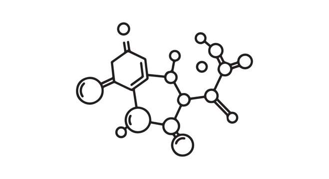 Ascorbic acid chemical structure, vitamin C molecular formula, essential nutrient line art illustration.