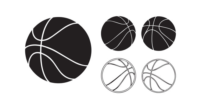 Basketball ball icons set in different styles including solid black silhouettes and thin line outlines for sports design use.