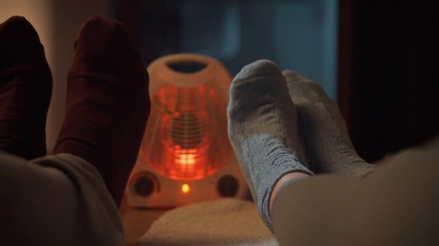 A cozy young couple in warm socks relaxes on the floor beside an infrared heater, basking in the comfort of the warm air it produces on a chilly evening, illuminated by the heaters bright red light
