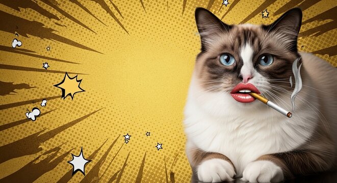 Funny cat with pop art style, cartoonish lips and cigarette on vibrant yellow background. This humorous cat image captures attention with playful elements,