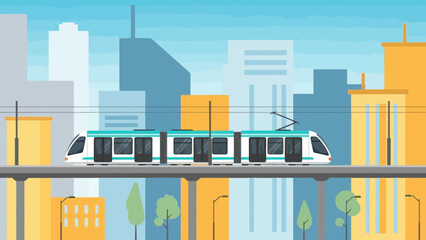 Fototapeta premium Modern Light Rail Train Moving Through Cityscape