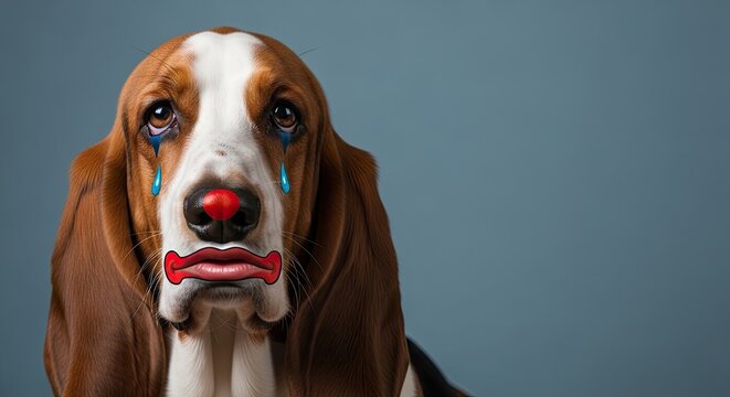 Sad basset hound with clown nose and tears on blue background. Basset hound shows emotions with sad eyes and exaggerated clown nose, creating a humorous contrast. Perfect for funny pet meme design.