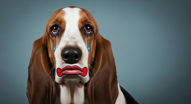 Sad basset hound with tears and a funny expression, showcasing big soulful eyes and droopy ears. This sad basset hound captures emotion in a comedic style,