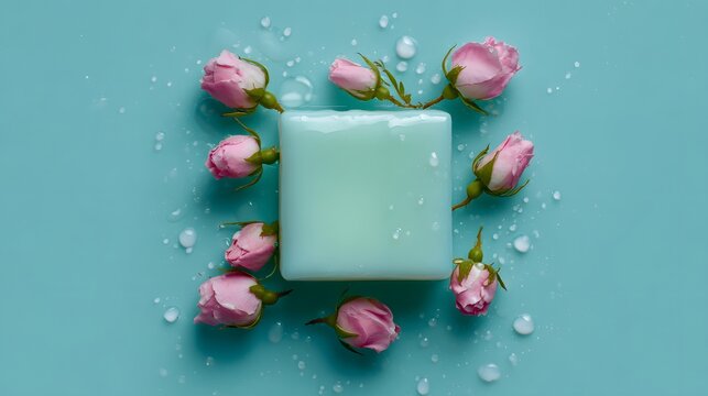 soap bar with pink roses and water drops on blue background