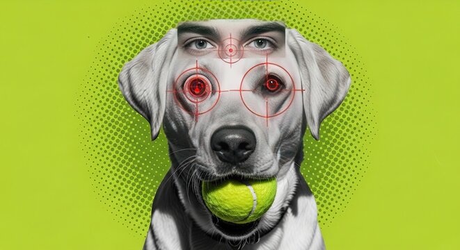 Playful dog portrait with human face illustration featuring green background, dog with tennis ball and playful expression.