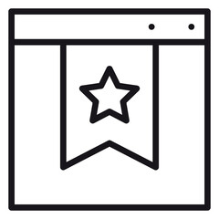 Black vector icon of a web browser window with a star bookmark ribbon, minimalist illustration for website favorites or saved pages, scalable graphic symbol isolated on a white background. © Shahbaz