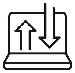 Laptop computer vector icon with up and down arrows representing data transfer, upload and download speeds, internet connectivity, and digital communication in a minimalist black line style. © Shahbaz