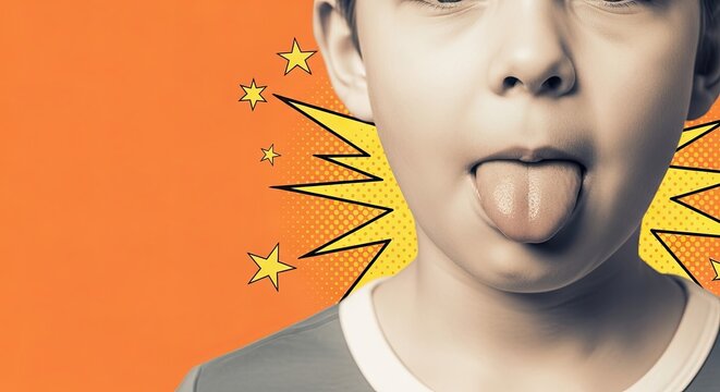 Playful child making funny face with tongue out against vibrant orange background. Child exudes joy with expressive gesture and smile. Ideal for funny meme design and playful content.