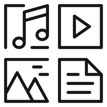 Multimedia content types vector icon set featuring minimalist black line symbols for music, video, image, and document files, ideal for digital asset management and web interface design.