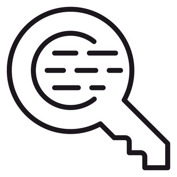 Minimalist black vector icon of a key combined with a magnifying glass and data lines, representing secure search, data encryption, keyword discovery, and access control illustration.