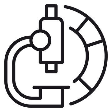 Microscope Vector Icon Illustration: A minimalist black line art symbol of laboratory equipment for scientific research, biology, chemistry, and medical analysis, isolated on white background.