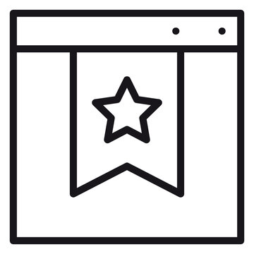 Black vector icon of a web browser window with a star bookmark ribbon, minimalist illustration for website favorites or saved pages, scalable graphic symbol isolated on a white background.