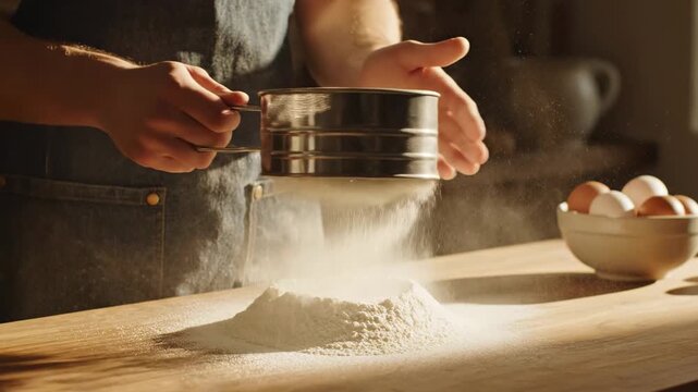 This shows a person sifting flour onto a wooden countertop in a kitchen with eggs in the background. The scene captures the action of cooking and baking in a domestic setting.