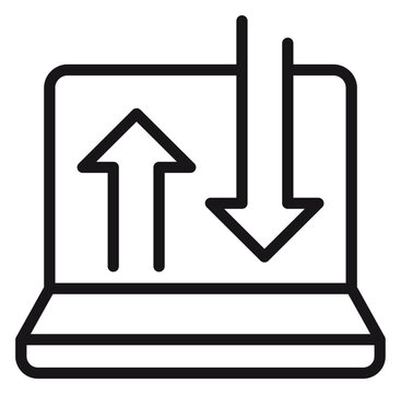 Laptop computer vector icon with up and down arrows representing data transfer, upload and download speeds, internet connectivity, and digital communication in a minimalist black line style.