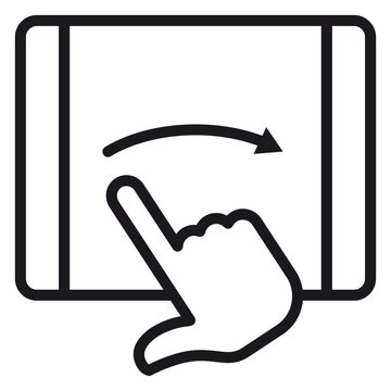 Black vector icon illustration of a hand swiping right on a tablet screen, representing touch screen gestures, mobile interaction, digital navigation, and user interface design elements.